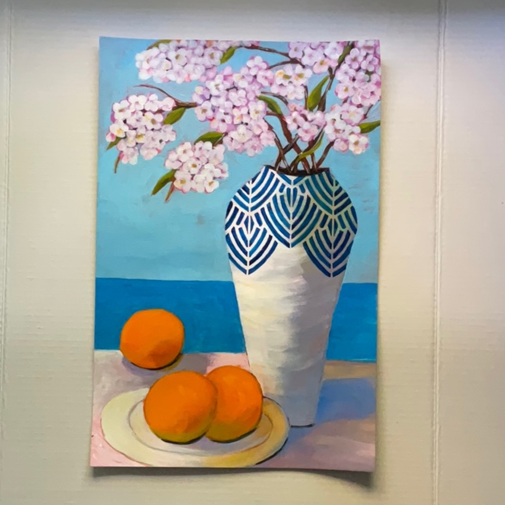 Cherry Blossoms  Oranges and Ocean Views Acrylic Painting for Coastal Charm - Picture 4 of 8
